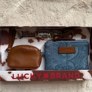 NEW Lucky Brand Blue Denim and Brown faux Leather Pouch